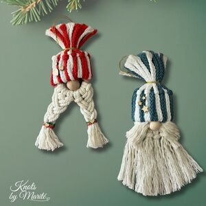 MACRAME CHRISTMAS GNOMES – RED & BLUE STRIPES NORDIC ORNAMENTS (HANDMADE)